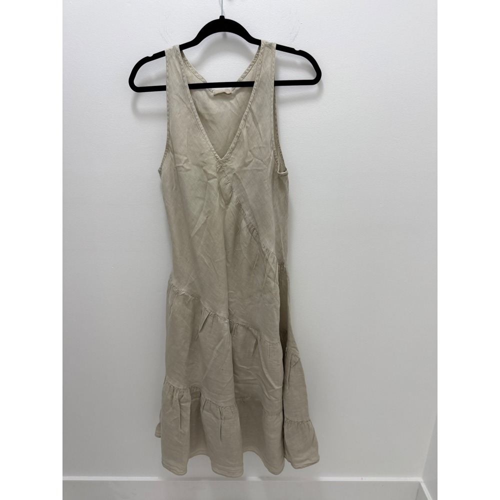 CP Shades Womens Beige 100% Linen Sleeveless Tiered V-Neck Midi Dress Size M